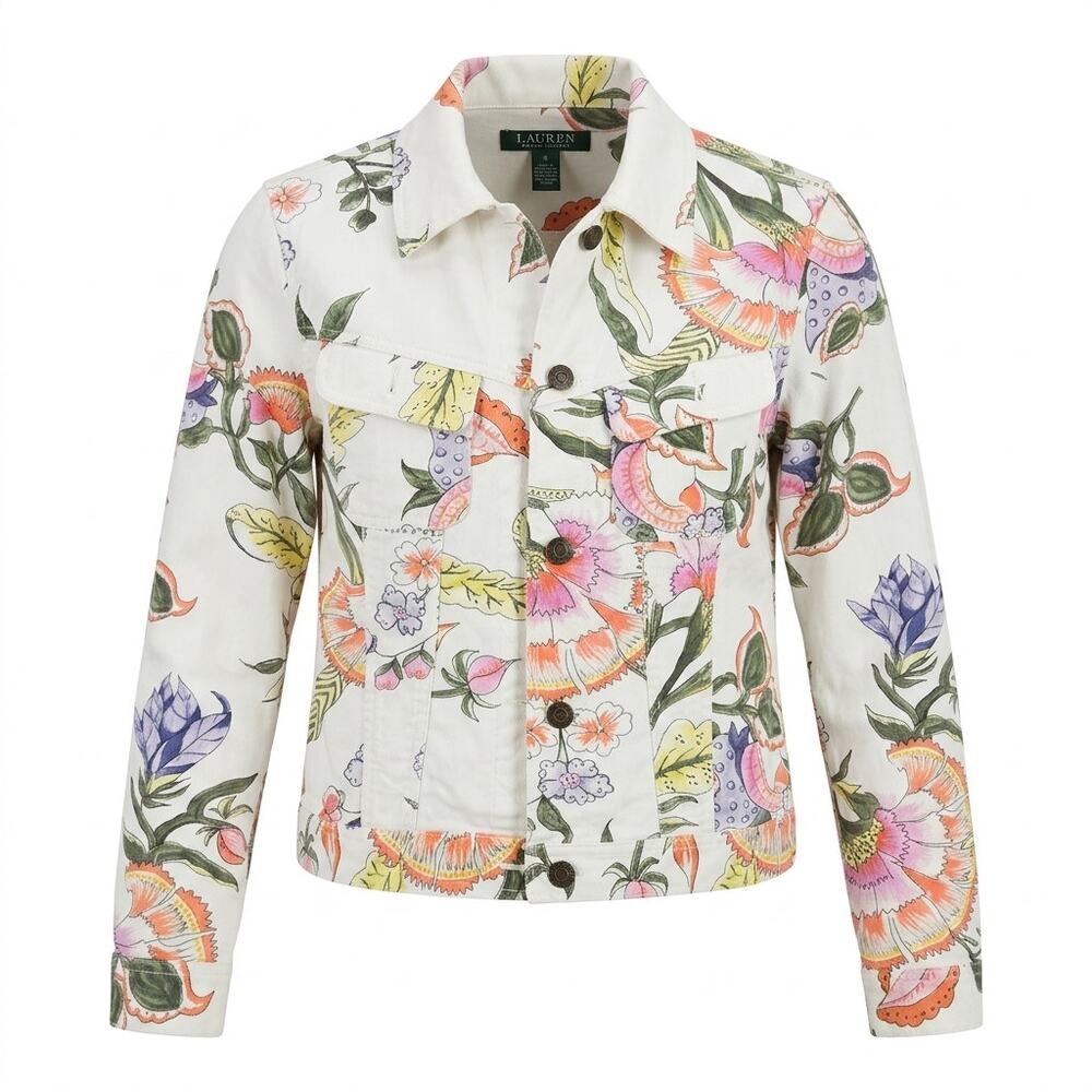 Lauren Ralph Lauren White Floral Print Denim Trucker Jacket Women Size S